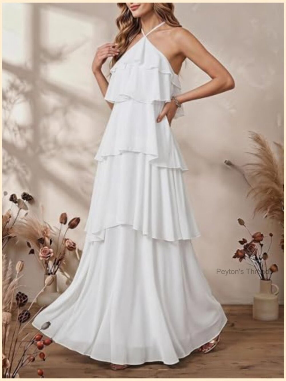 Ruffle Halter Backless Flowy Maxi Wedding Guest Dress - Picture 5 of 5